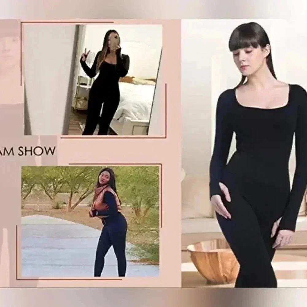 Soo slick long sleeve ribbed  Tummy Control Square Neck Ribbed  Jumpsuit.  Med